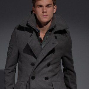 Men's Superdry Classic double breasted GRAY Pea Coat jacket  SZ LG